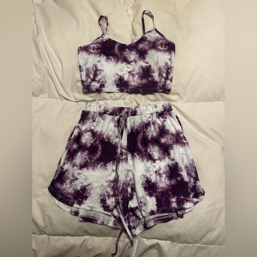 WORN ONCE! Purple Tie-Dye Crop Top and Shorts Set